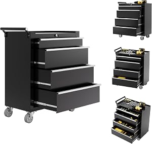 SierraSquad Rolling Tool Chest, 4-Drawer Tool Storage Cabinet, Tool Box with Wheels, Lock 